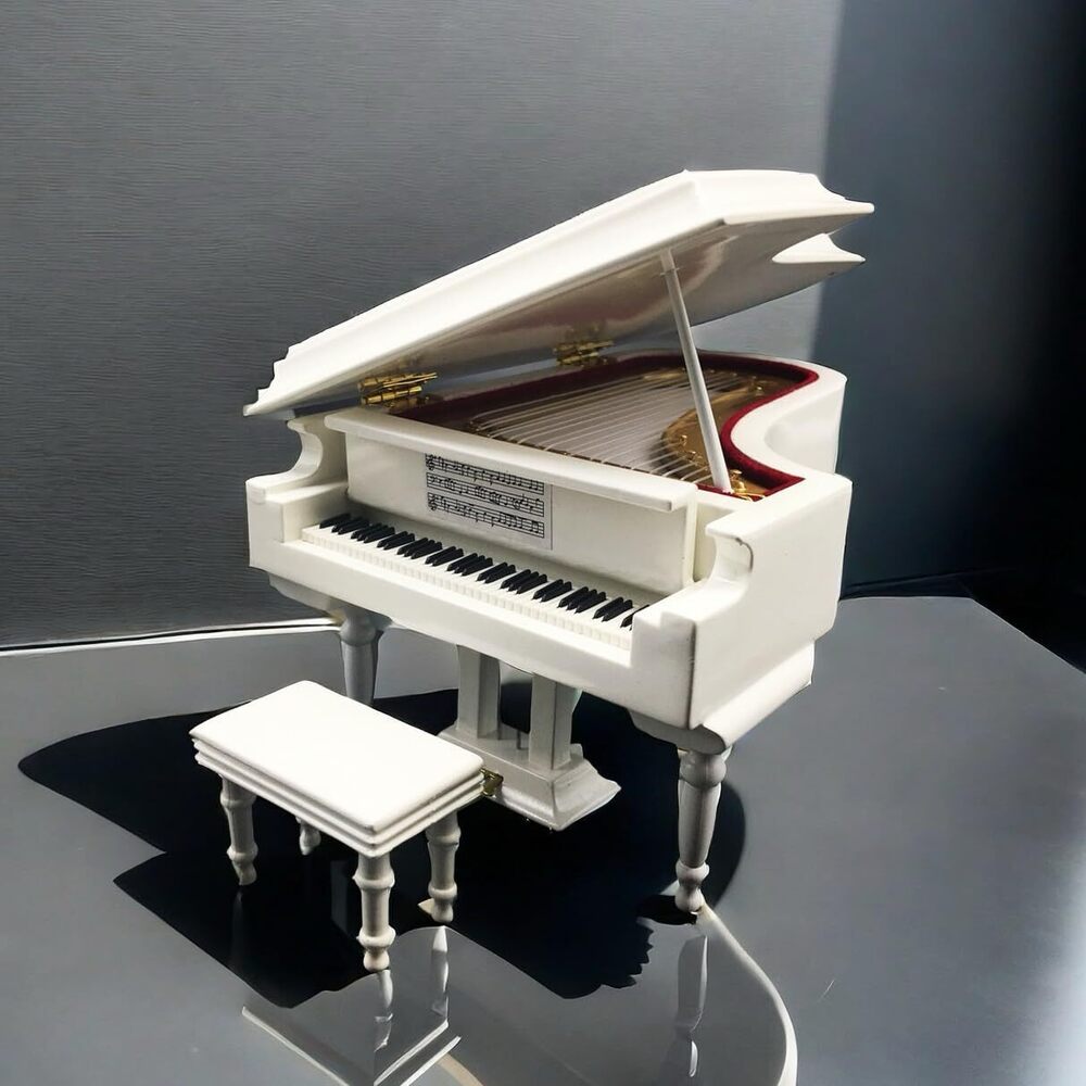 8892 Mylifestyle White Piano Music Box with Bench and Black Case Musical